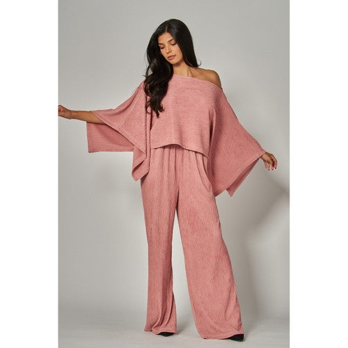 Luxe Crinkle Kimono Cape & Pant Set in Rose Pink