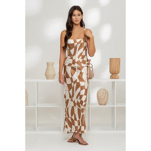 Geo Print Satin Skirt Set in Brown