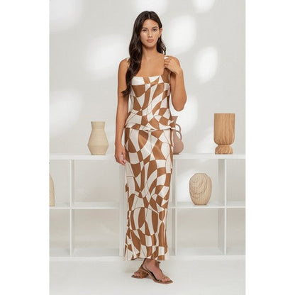 Geo Print Satin Skirt Set in Brown