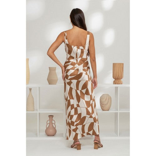 Geo Print Satin Skirt Set in Brown