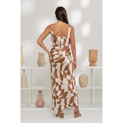Geo Print Satin Skirt Set in Brown