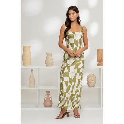 Geo Print Satin Skirt Set in Olive