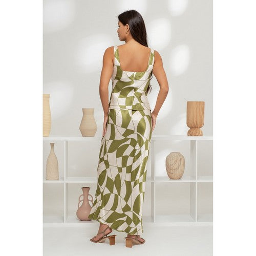 Geo Print Satin Skirt Set in Olive