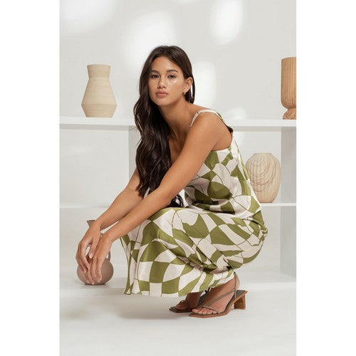 Geo Print Satin Skirt Set in Olive