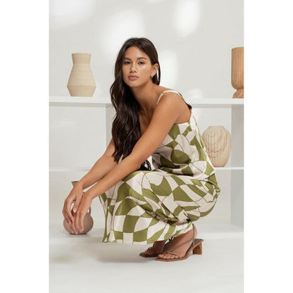 Geo Print Satin Skirt Set in Olive