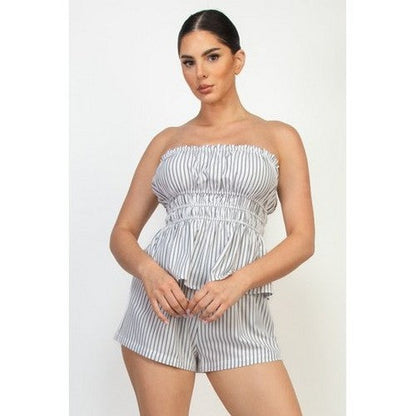 Stripe Peplum Tube Top & Elastic Waist Relaxed Short Set in Black & White