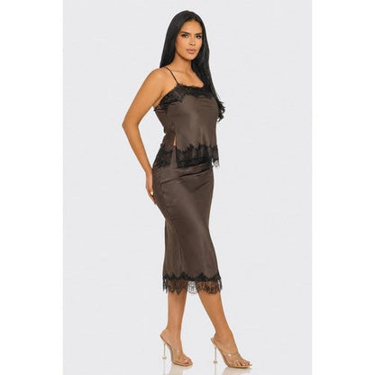 Lace Trim Satin Contrast Cami Top in Brown [NOT SOLD INDIVIDUALLY]