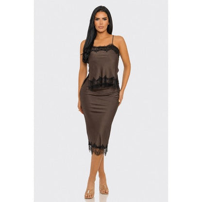 Lace Trim Satin Contrast Skirt Set in Brown
