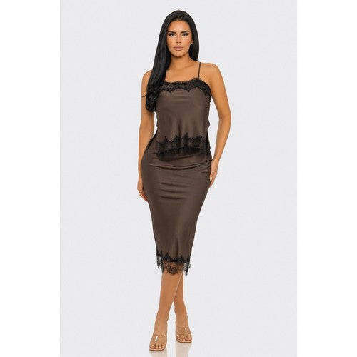 Lace Trim Satin Contrast Skirt Set in Brown
