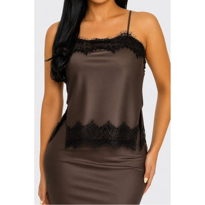 Lace Trim Satin Contrast Cami Top in Brown [NOT SOLD INDIVIDUALLY]