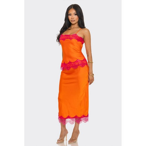 Lace Trim Satin Contrast Skirt Set in Orange