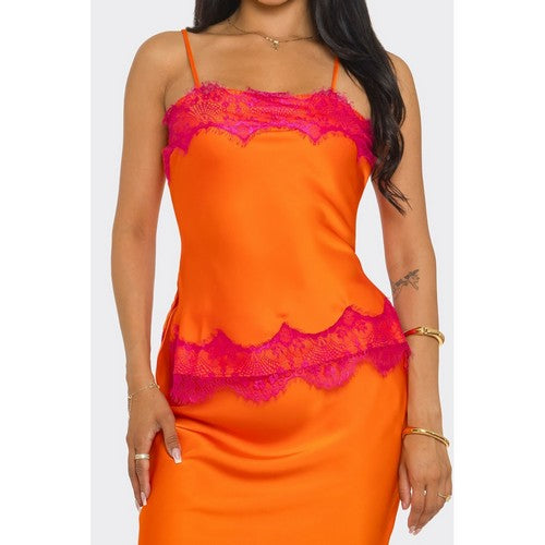 Lace Trim Satin Contrast Cami Top in Orange [NOT SOLD INDIVIDUALLY]
