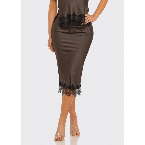 ST5838 Lace Trim Satin Contrast Skirt in Brown