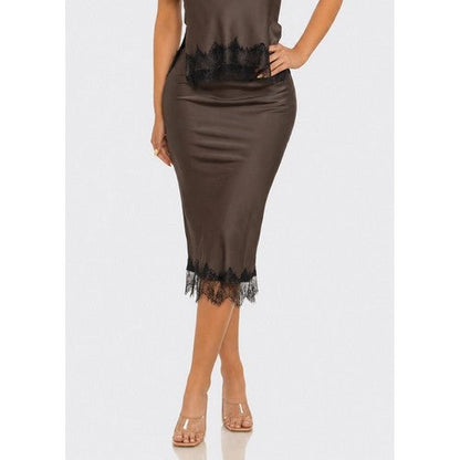 ST5838 Lace Trim Satin Contrast Skirt in Brown