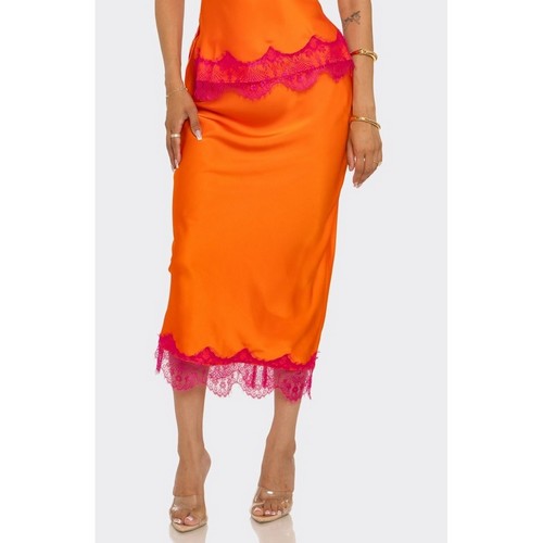 ST5838 Lace Trim Satin Contrast Cami Top in Orange