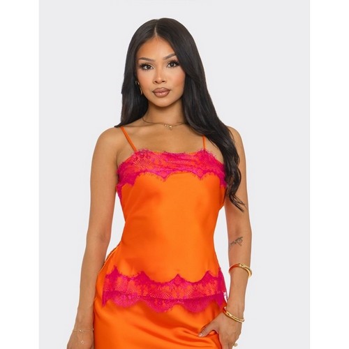 ST5838 Lace Trim Satin Contrast Cami Top in Orange