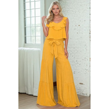 Ruffled Linen Crop Tank in Mustard