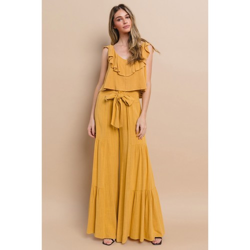 Ruffled Linen Crop Tank in Mustard
