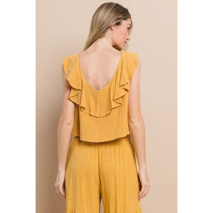 Ruffled Linen Crop Tank in Mustard