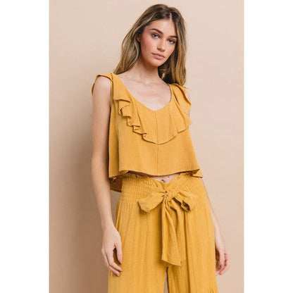 W1459TIA IV-C Ruffled Linen Crop Tank in Mustard