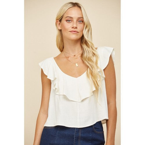 W1459TIA IV-C Ruffled Linen Crop Tank in White