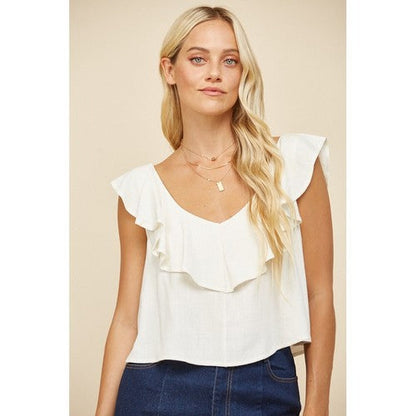 W1459TIA IV-C Ruffled Linen Crop Tank in White
