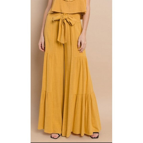 W2314PIA__M-C-C Linen Bow Palazzo Pants in Mustard