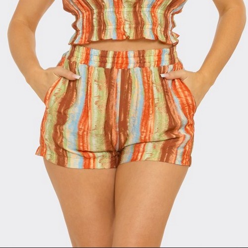 ST5884 Rustic Print Shirring Shorts in Rust Multi