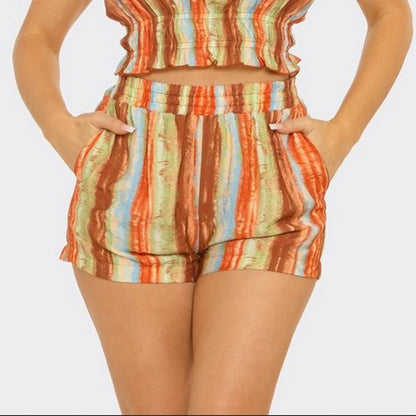 ST5884 Rustic Print Shirring Shorts in Rust Multi