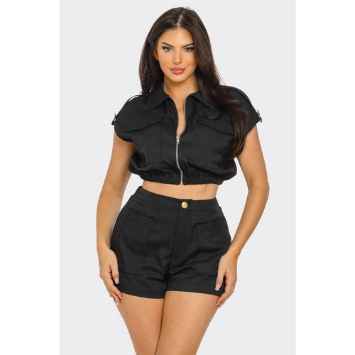 Gold Button Patch Pocket Zip Shirt in Black [NOT SOLD INDIVIDUALLY]
