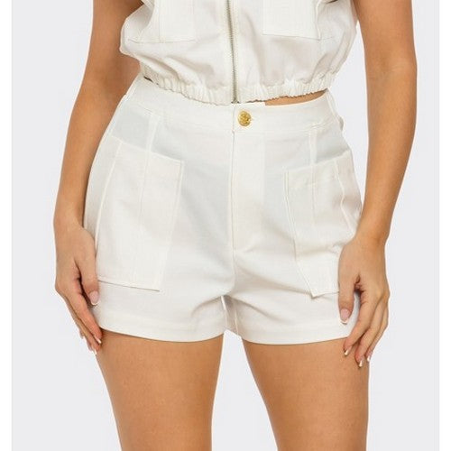 ST4615 Gold Button Patch Pocket Shorts in White