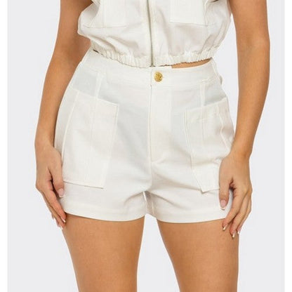 ST4615 Gold Button Patch Pocket Shorts in White