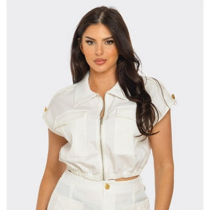 ST4615 Gold Button Patch Pocket Zip Shirt in White