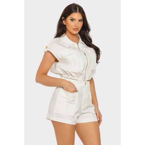 Gold Button Patch Pocket Zip Shirt in White [NOT SOLD INDIVIDUALLY]