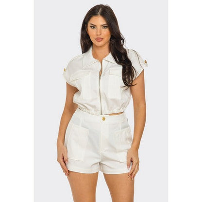 Gold Button Patch Pocket Zip Shirt in White [NOT SOLD INDIVIDUALLY]