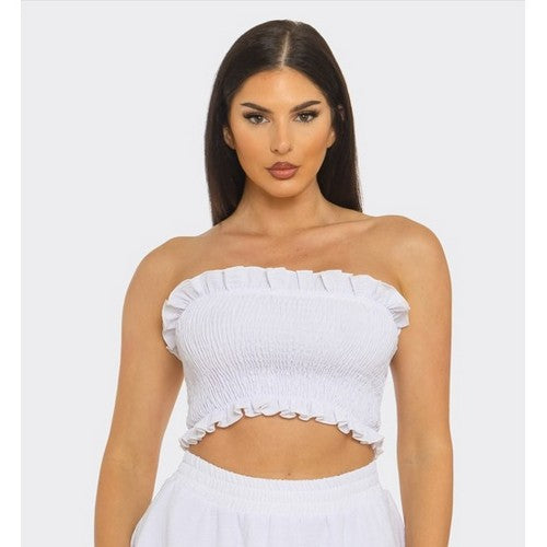 ST5646 Ruffle Edge Shirring Tube Top in White
