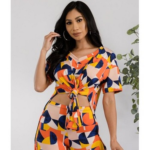 HH651R-ABSTRACT Printed Side Slit Tee in Orange Geo Print [NOT SOLD INDIVIDUALLY]