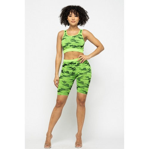 Camo Crop Tank & Bike Shorts Spandex Set in Neon Lime