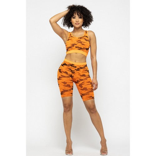 Camo Crop Tank & Bike Shorts Spandex Set in Orange