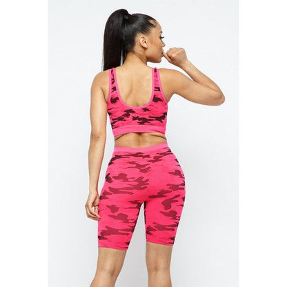 Camo Crop Tank & Bike Shorts Spandex Set in Neon Pink