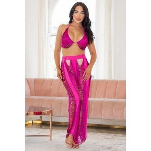 Cut-Out Crochet & Bralet Skirt Set in Fuchsia