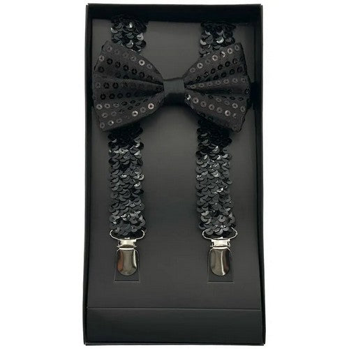Bow Tie & Suspender Box Set in Sequin Black