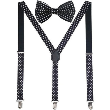 10951 Bow Tie & Suspender Box Set in Black & White Dot