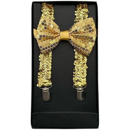 Bow Tie & Suspender Box Set in Sequin Gold