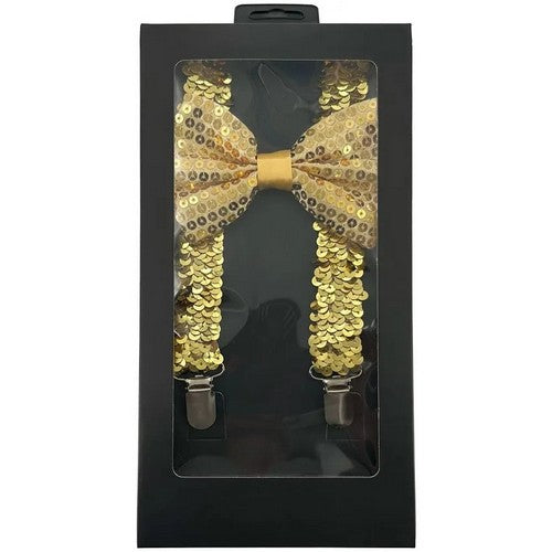 Bow Tie & Suspender Box Set in Sequin Gold