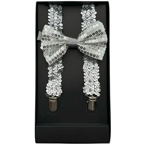 Bow Tie & Suspender Box Set in Sequin Silver