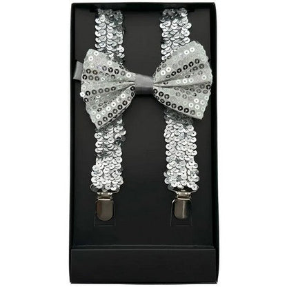 Bow Tie & Suspender Box Set in Sequin Silver