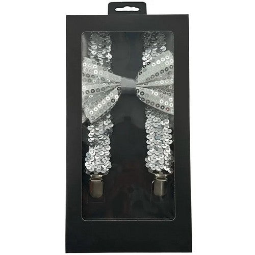 Bow Tie & Suspender Box Set in Sequin Silver