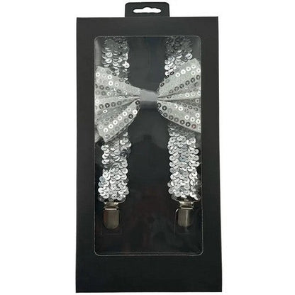 Bow Tie & Suspender Box Set in Sequin Silver