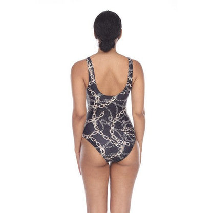 Cut-Out Chain Print One-Piece Bathing Suit Black